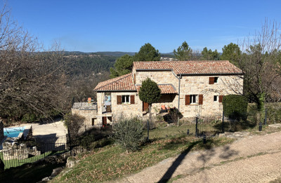 Les Vans - tastefully restored stone house; dominant position, gardens, unique swimming pool. Buildable land.